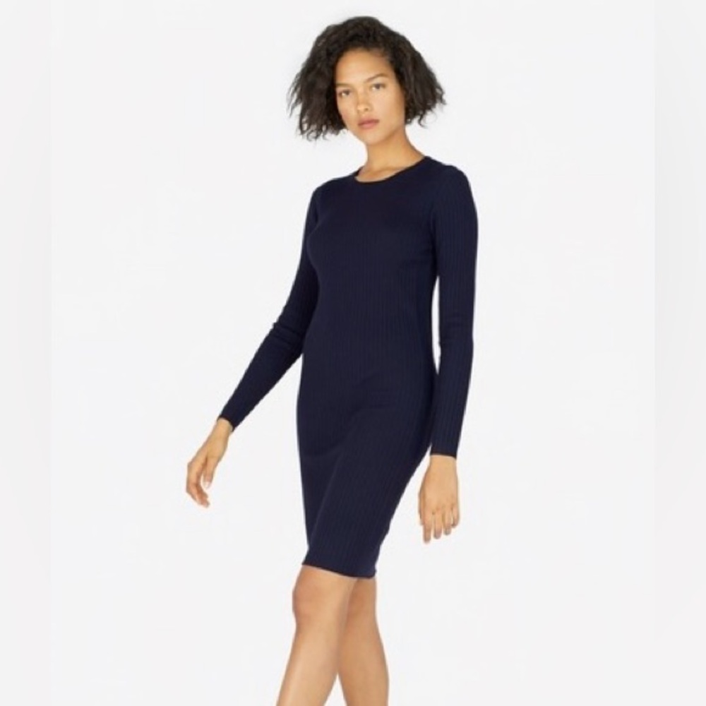 Everlane the Luxe Wool Ribbed Long Sleeve Dress in Navy